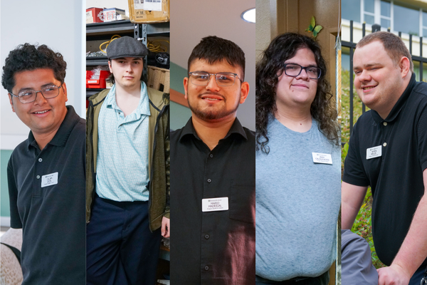 From left to right, Julian Olea, Zachary Birch, Mario Madrigal, Andy Wood, and Tarrin Miller, the 2025 Project SEARCH interns